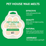 Pet house wax melts packaging with green background and text highlighting features.