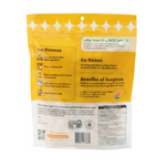 Back view of a yellow and white pet food package with text and graphics.