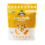 Package of Love Puffs Go Nanas dog treats with yellow and white design