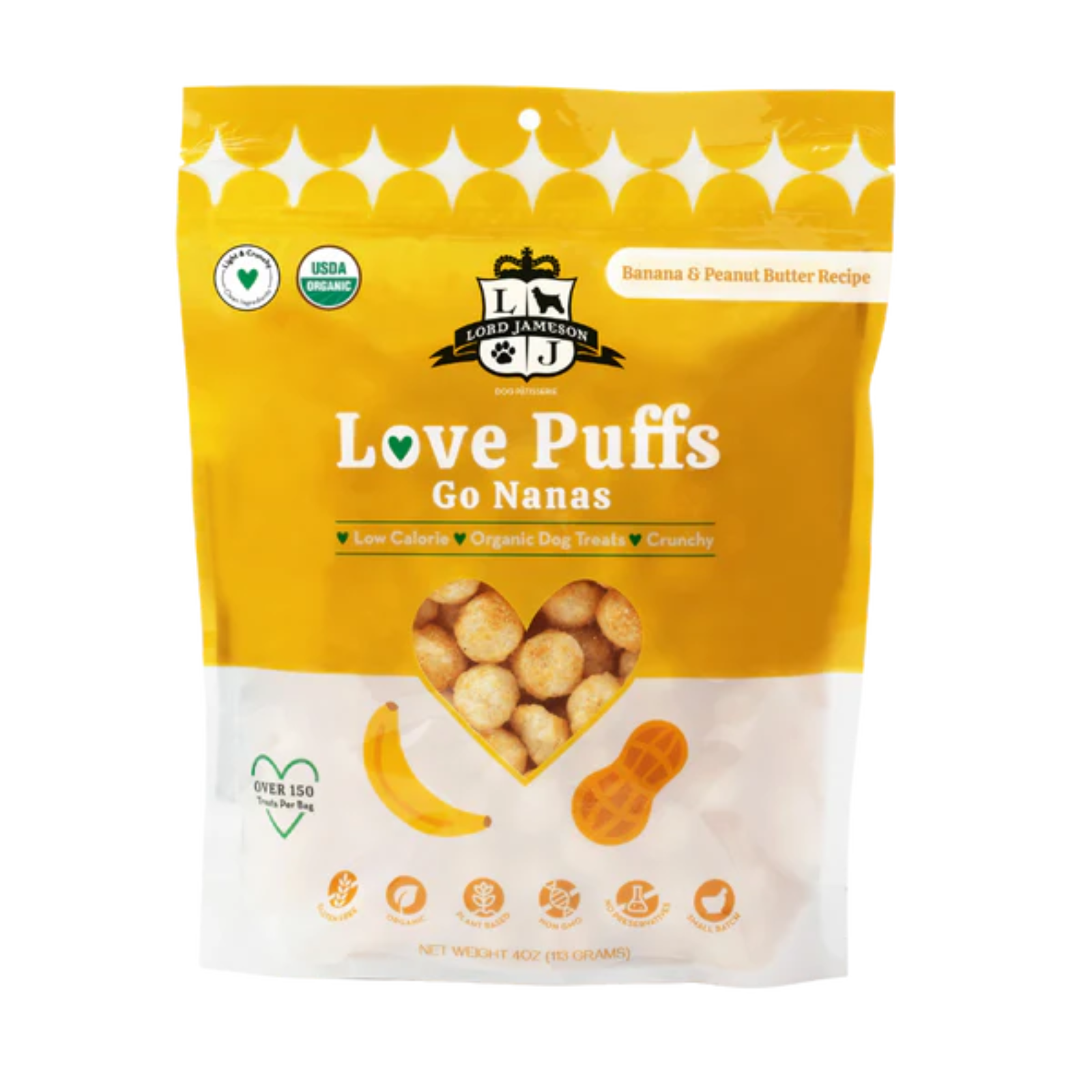 Package of Love Puffs Go Nanas dog treats with yellow and white design