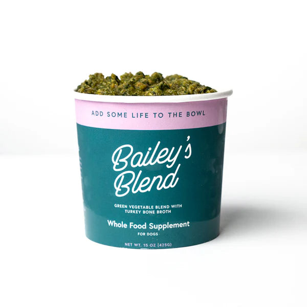 Bailey's Blend whole food supplement for dogs in a container on a white background