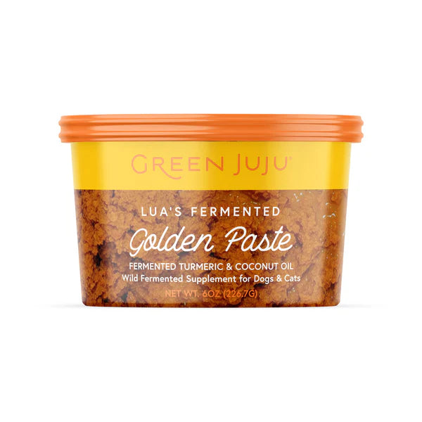 Container of Green Juju Lua's Fermented Golden Paste on a white background