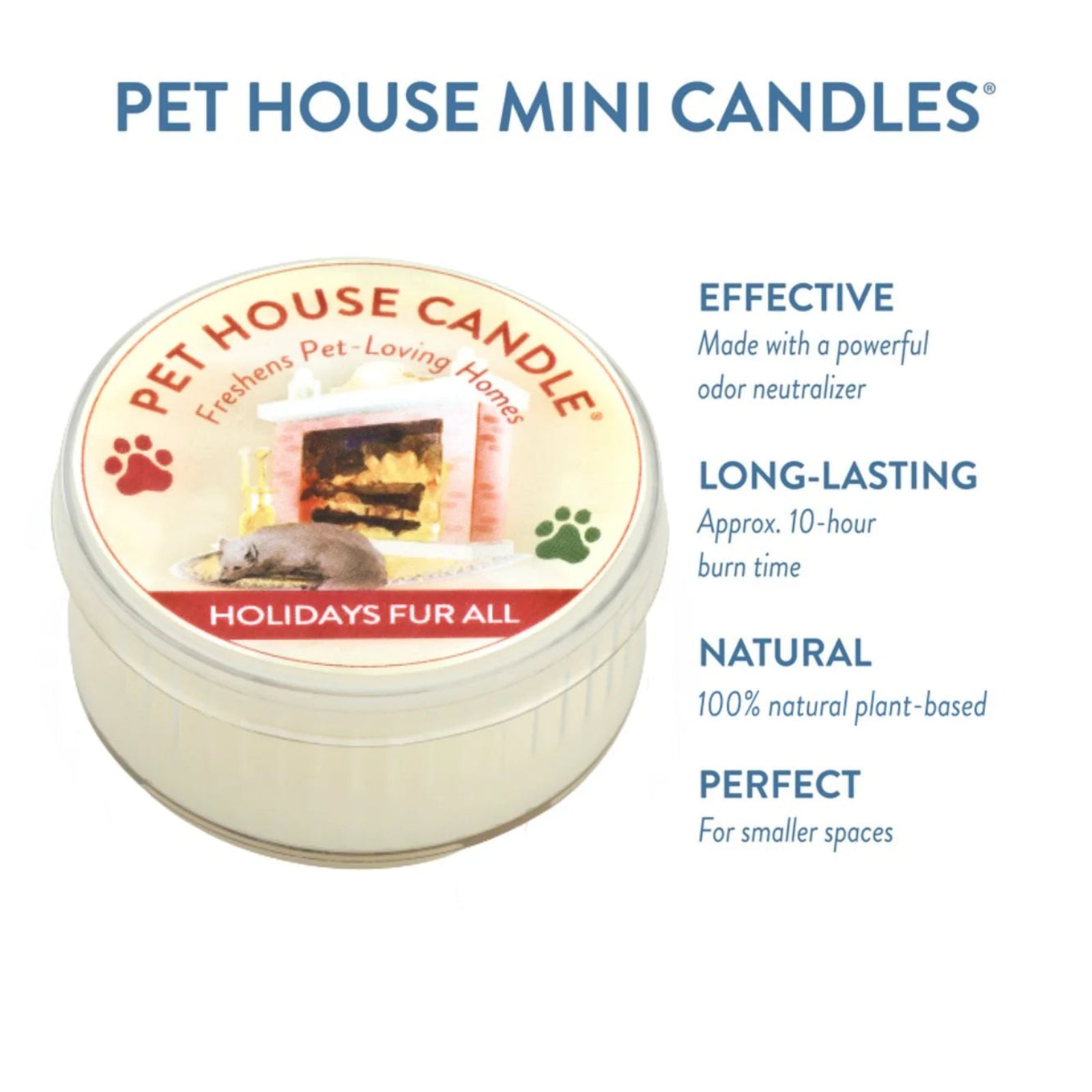 Pet House Mini Candle with features listed on a white background