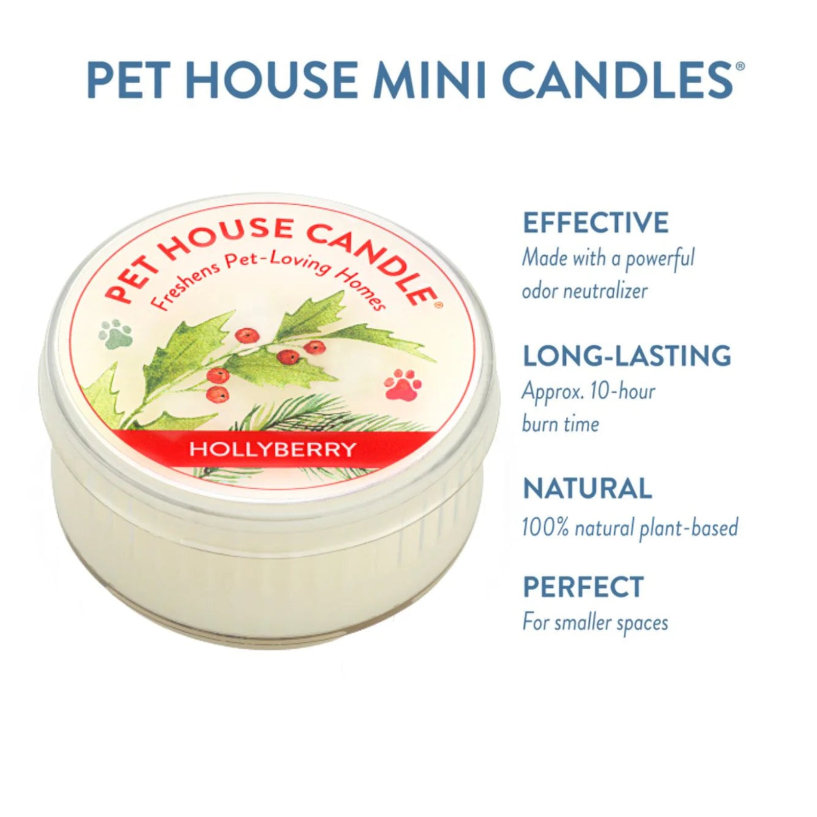 Pet House Candle Hollyberry scented candle with product details on a white background