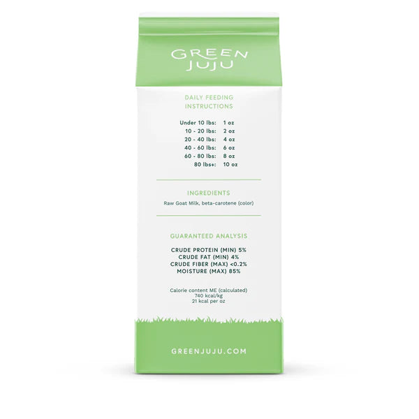Green Juju pet food packaging with text and a white background