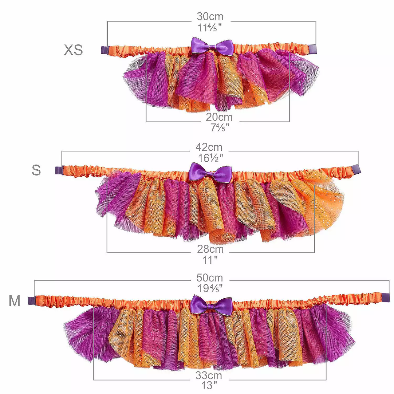 Measurement chart of a colorful tutu skirt with size labels and dimensions.