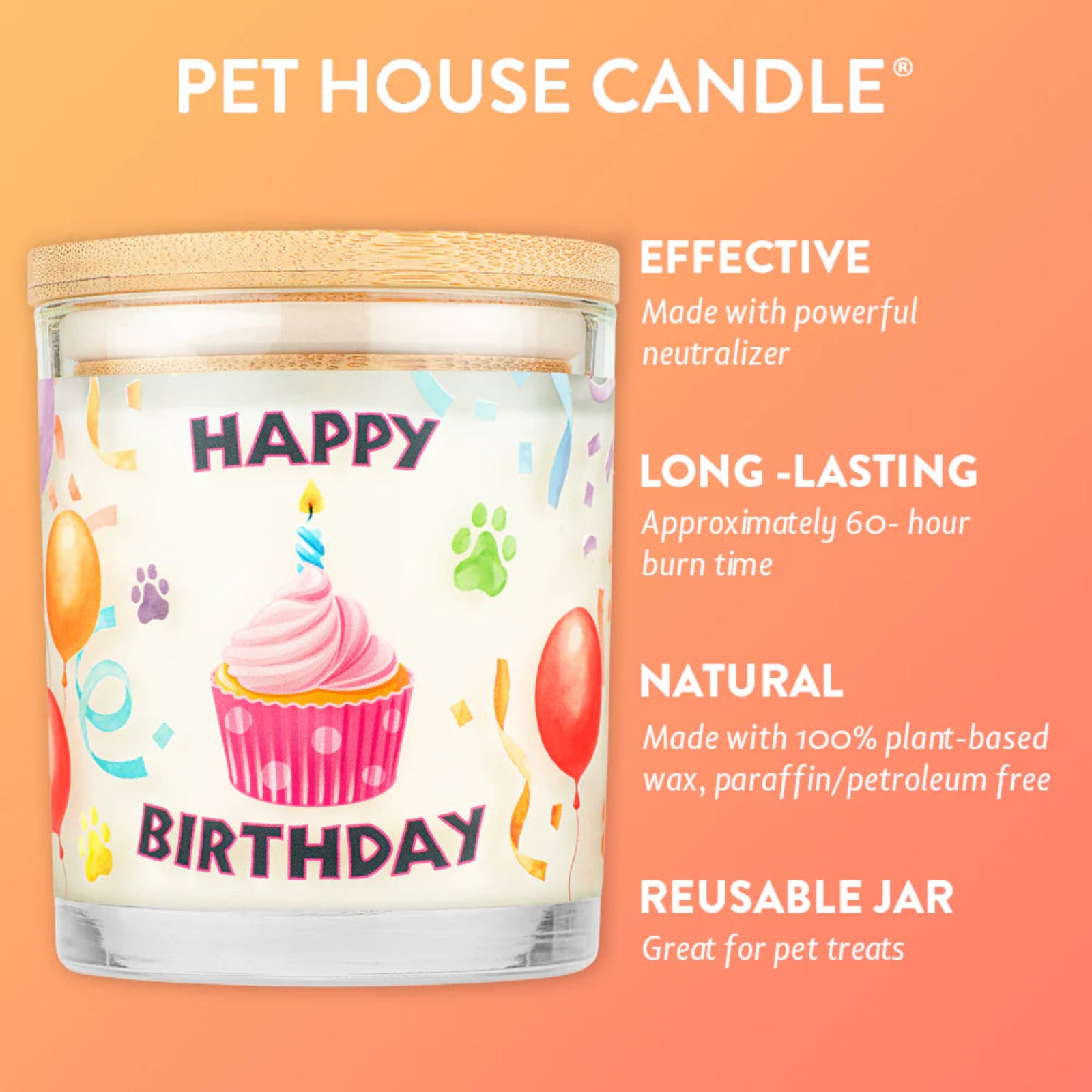 Pet House Candle with birthday design on an orange background