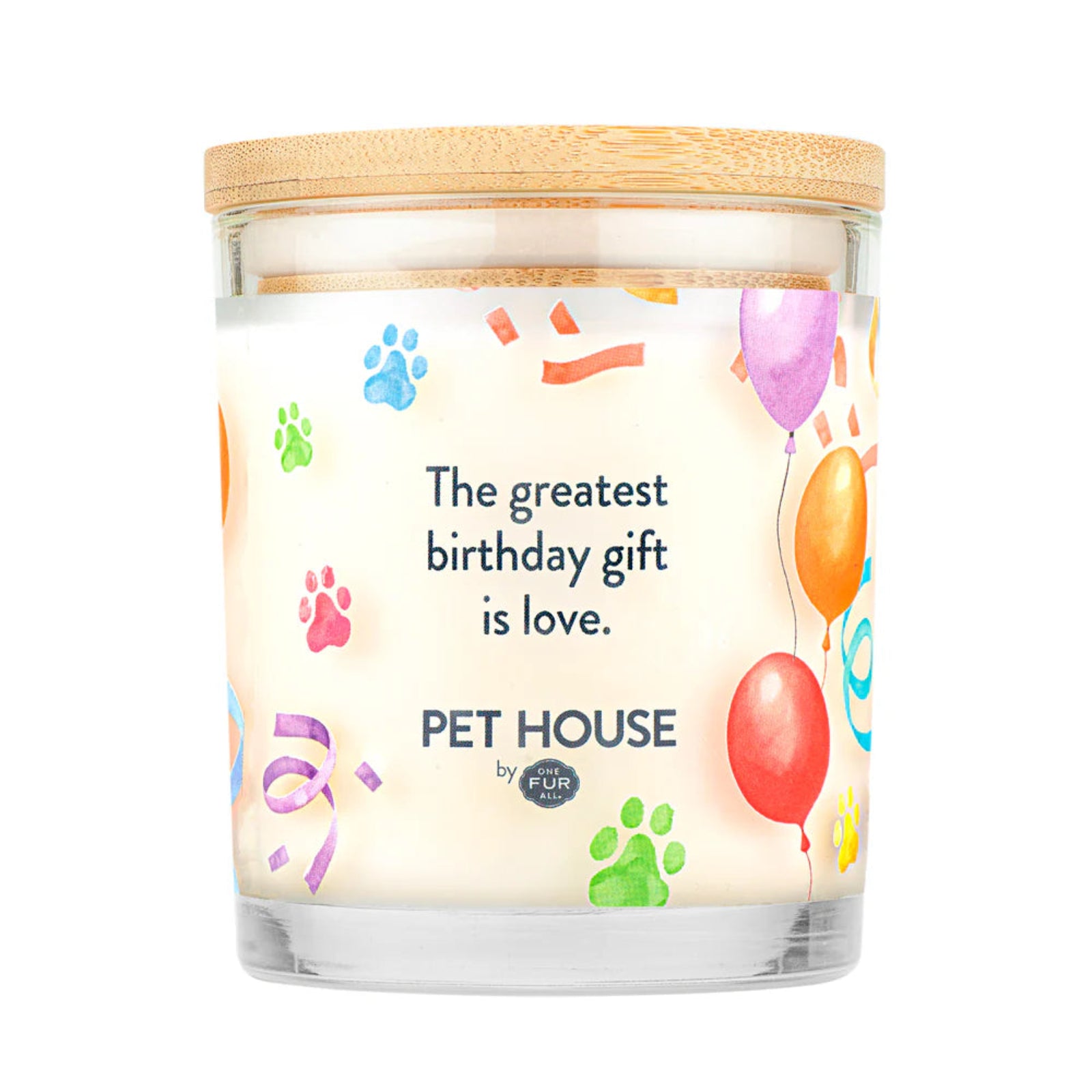 Candle with colorful paw prints and balloons design, featuring text 'The greatest birthday gift is love.' by Pet House.