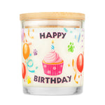 Candle with 'Happy Birthday' design featuring a cupcake and balloons on a white background