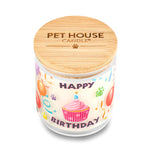 Pet House Candle with 'Happy Birthday' design and wooden lid on a white background