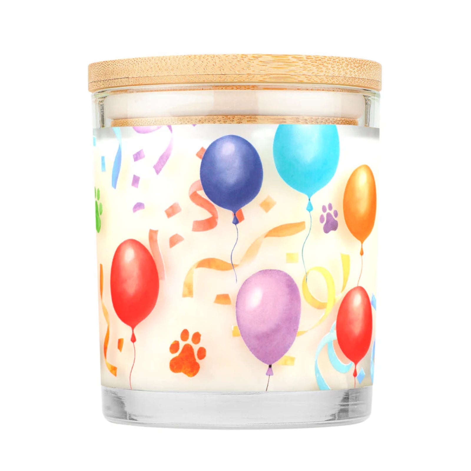 Candle with colorful balloon design on a white background