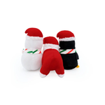 Three plush toys shaped like penguins in red, white, and black outfits on a white background
