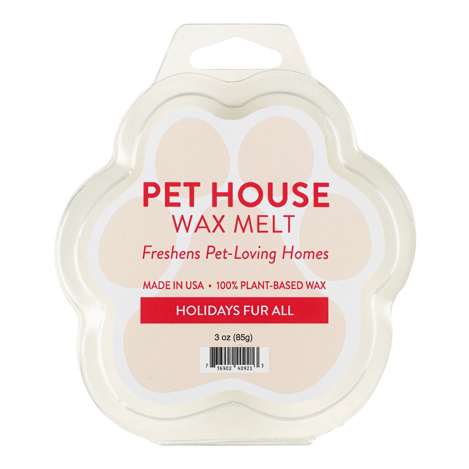 Pet House Wax Melt packaging with paw shape on a white background