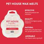 Pet house wax melts packaging with product details on a red background