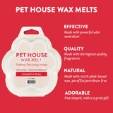 Pet house wax melts packaging with product details on a red background