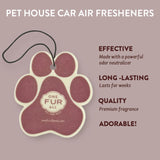 Pet house car air freshener with paw design and brand name on a beige background