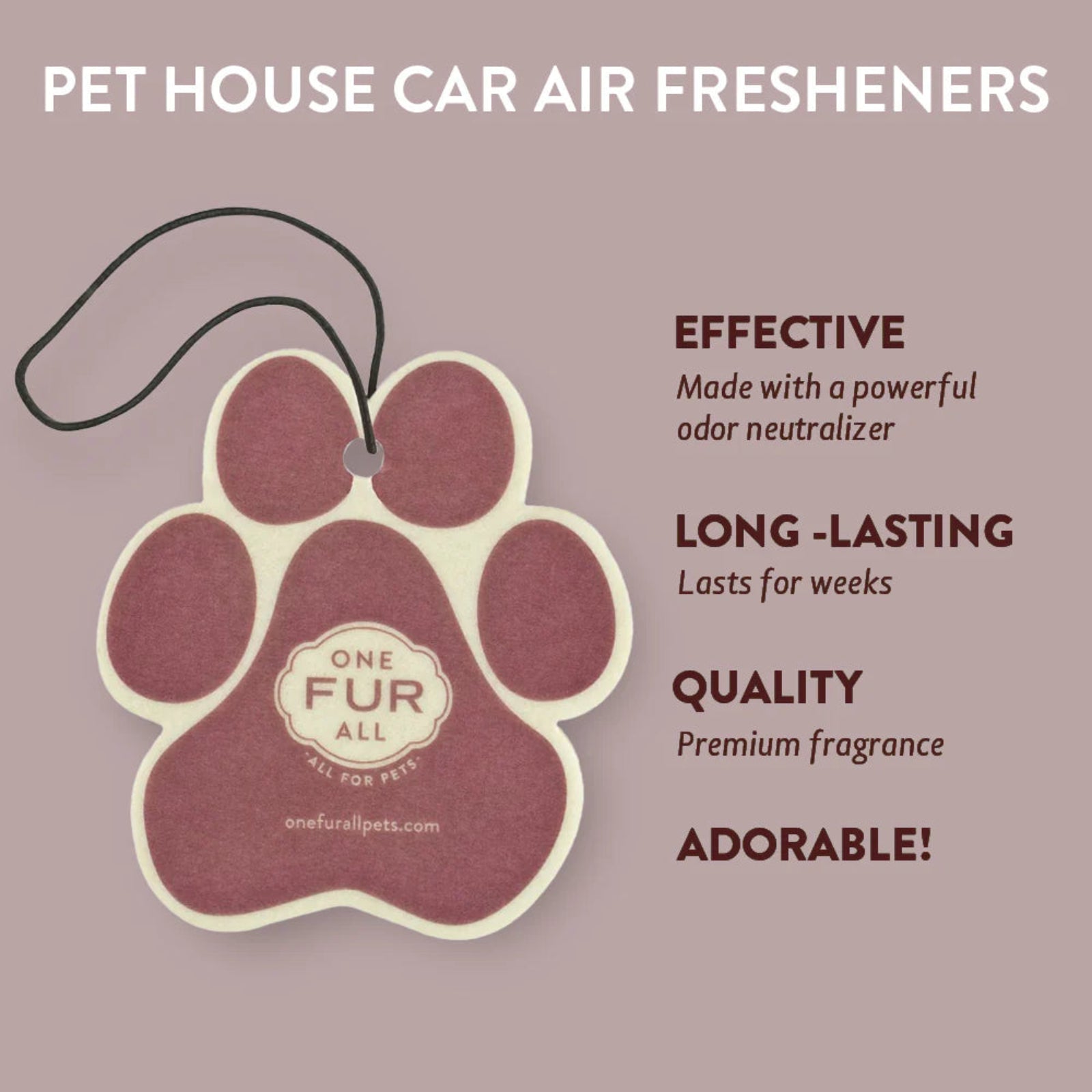 Pet house car air freshener with paw design and brand name on a beige background
