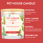 Pet House Candle Hollyberry with product features on a red background