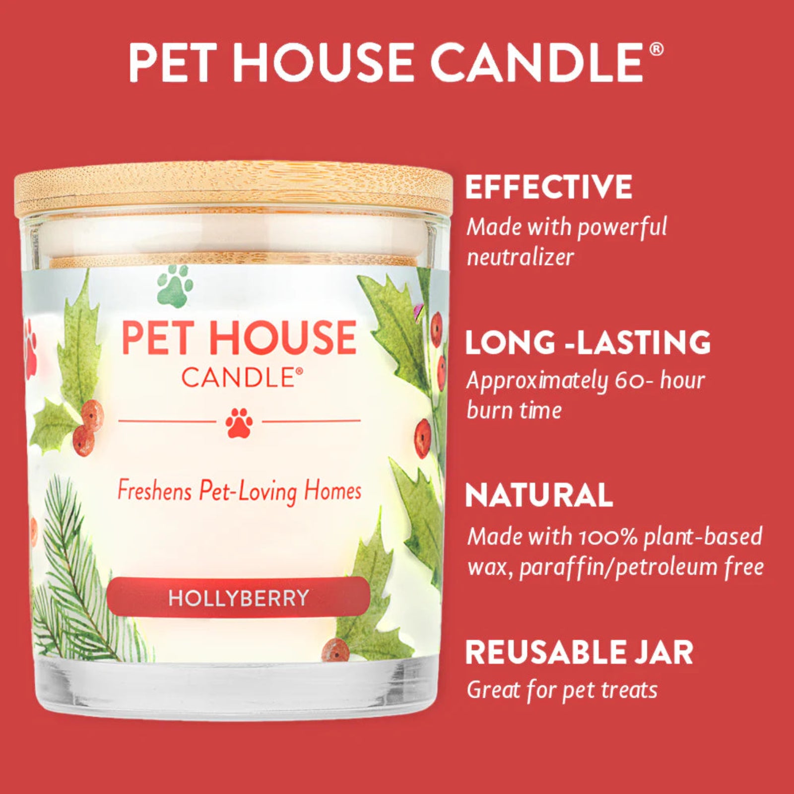 Pet House Candle Hollyberry with product features on a red background