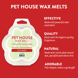 Pet House Wax Melts packaging with product details on a red background