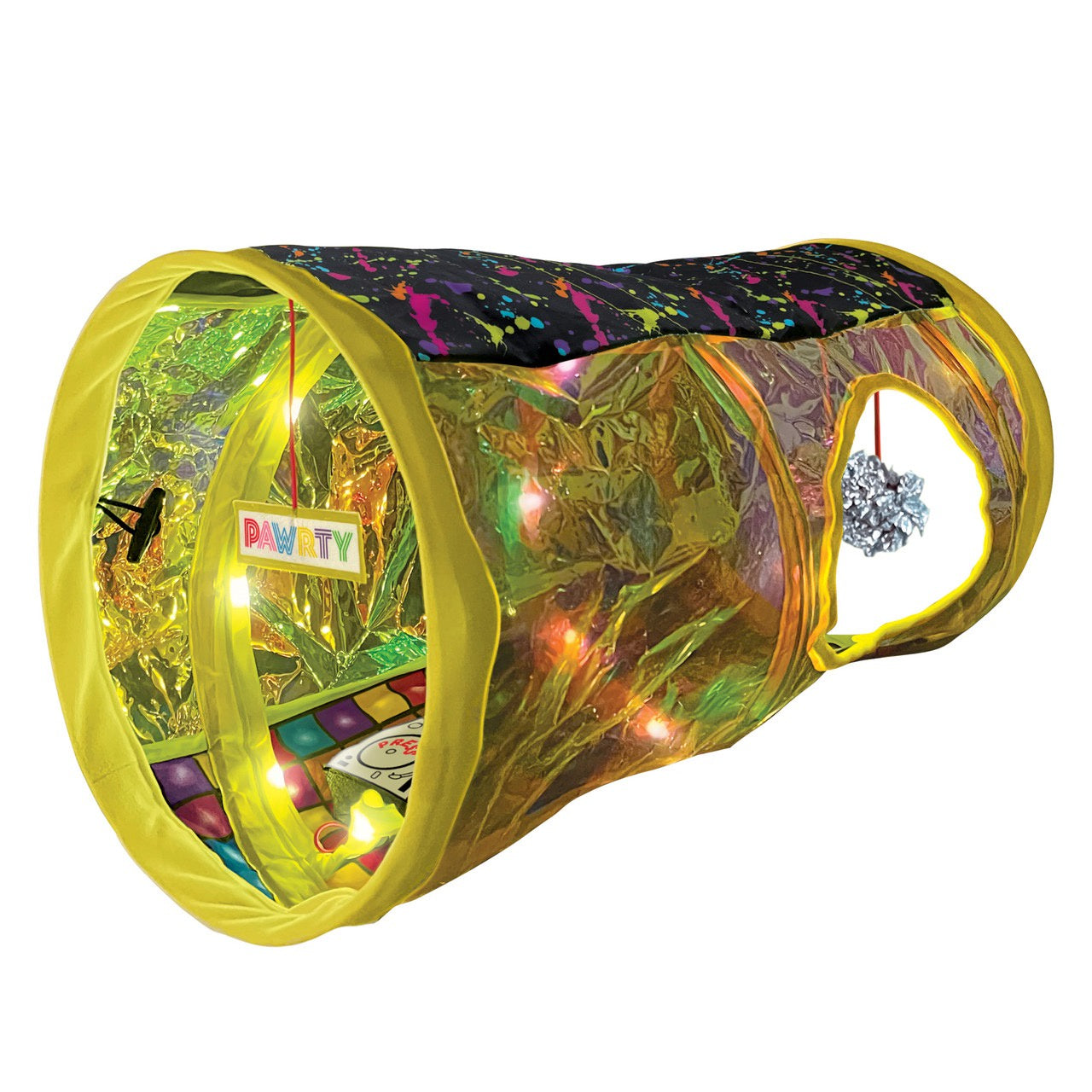Toy tunnel with colorful interior and lights on a white background