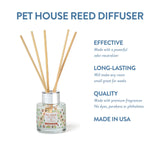 Pet House Reed Diffuser with text highlighting its features on a white background