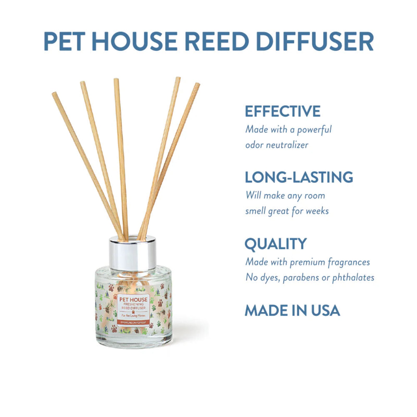 Pet House Reed Diffuser with text highlighting its features on a white background