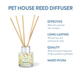 Pet House Reed Diffuser with text highlighting its features on a white background