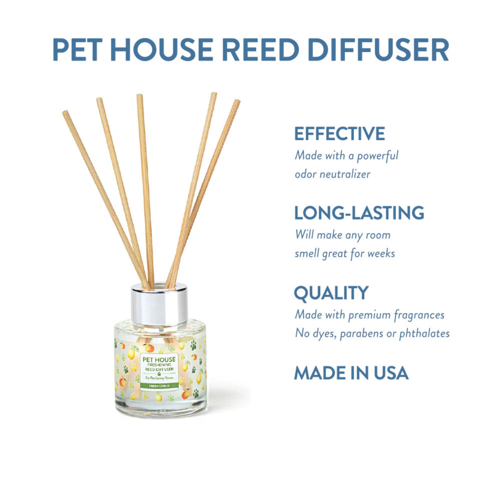 Pet House Reed Diffuser with text highlighting its features on a white background