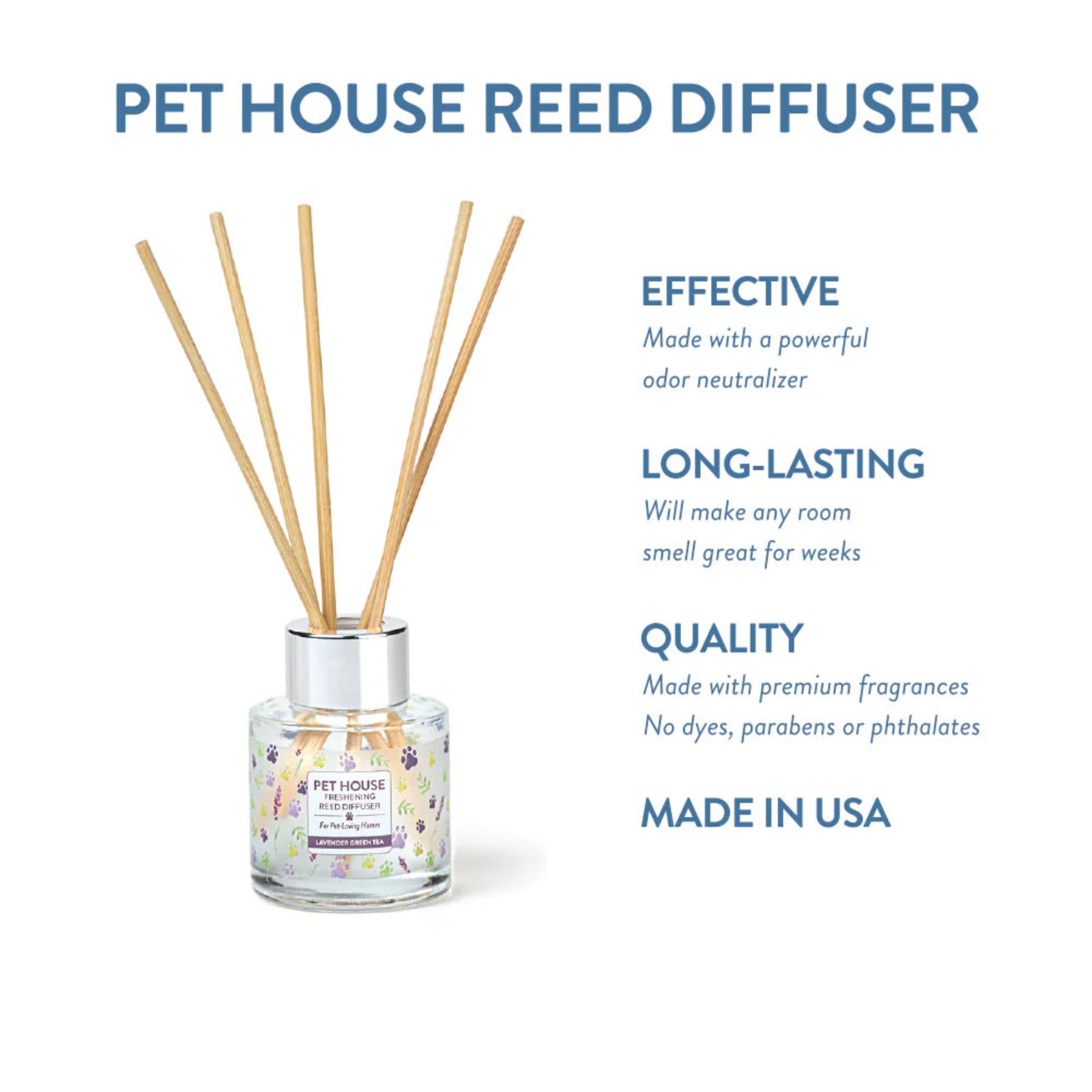 Pet House Reed Diffuser with text highlighting its features on a white background