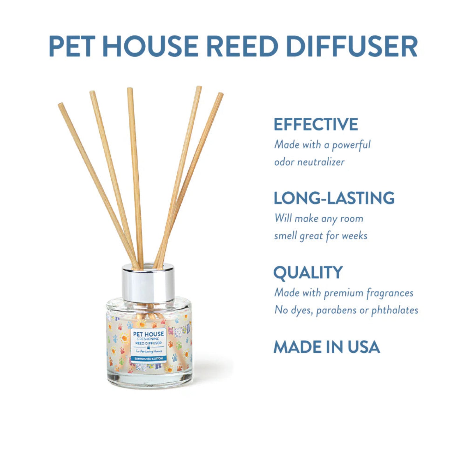 Pet House Reed Diffuser with text highlighting its features on a white background