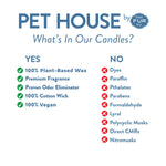 Chart detailing the ingredients in Pet House candles by ONE FUR ALL, with 'Yes' and 'No' lists.