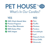 Chart detailing the ingredients in Pet House candles by ONE FUR ALL, with 'YES' and 'NO' options.