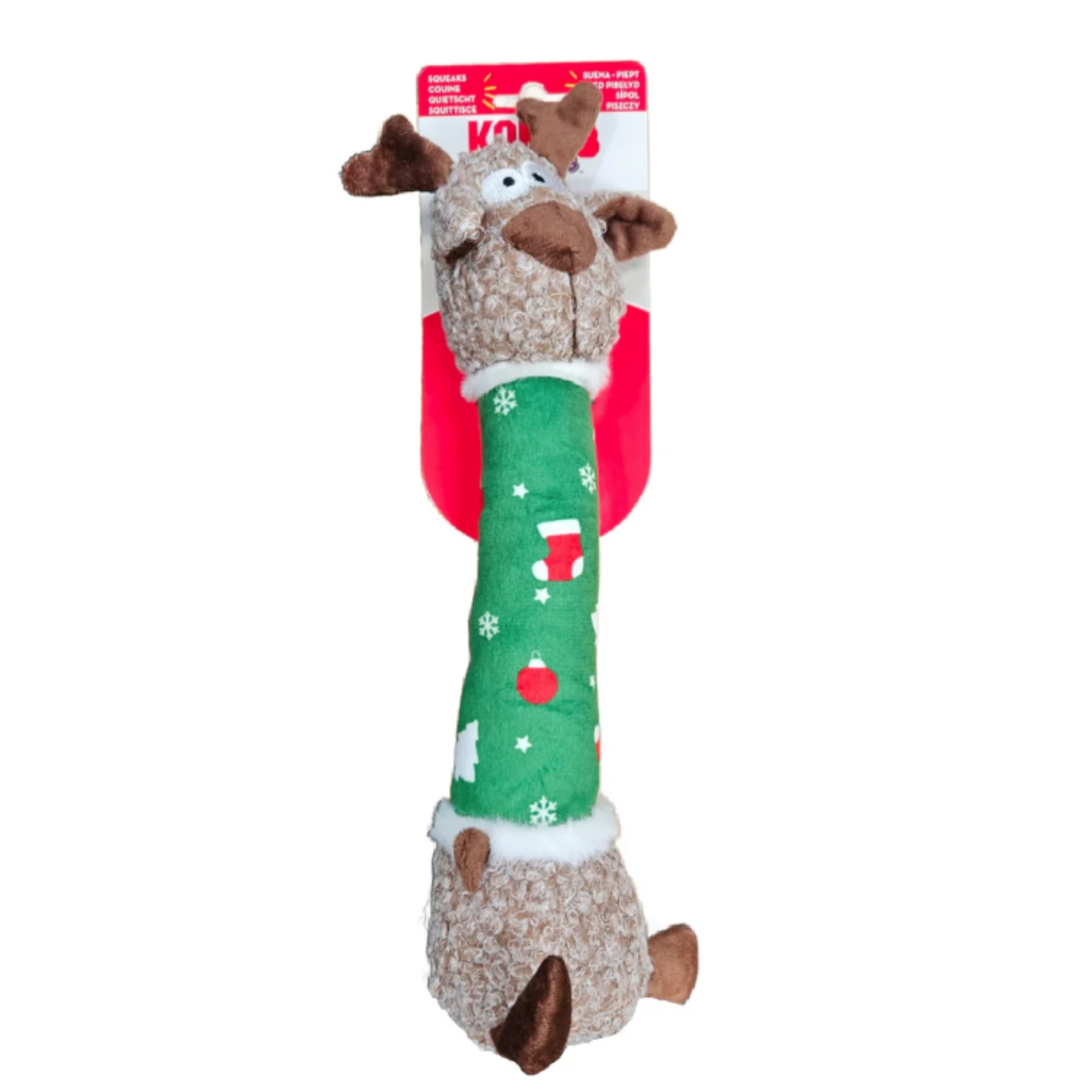 Plush reindeer toy with green leg and red tag on a white background