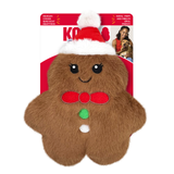 Gingerbread man-shaped dog toy with a red bow tie and green button, featuring KONG branding.