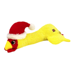 Yellow plush duck toy with a red Santa hat on a white background