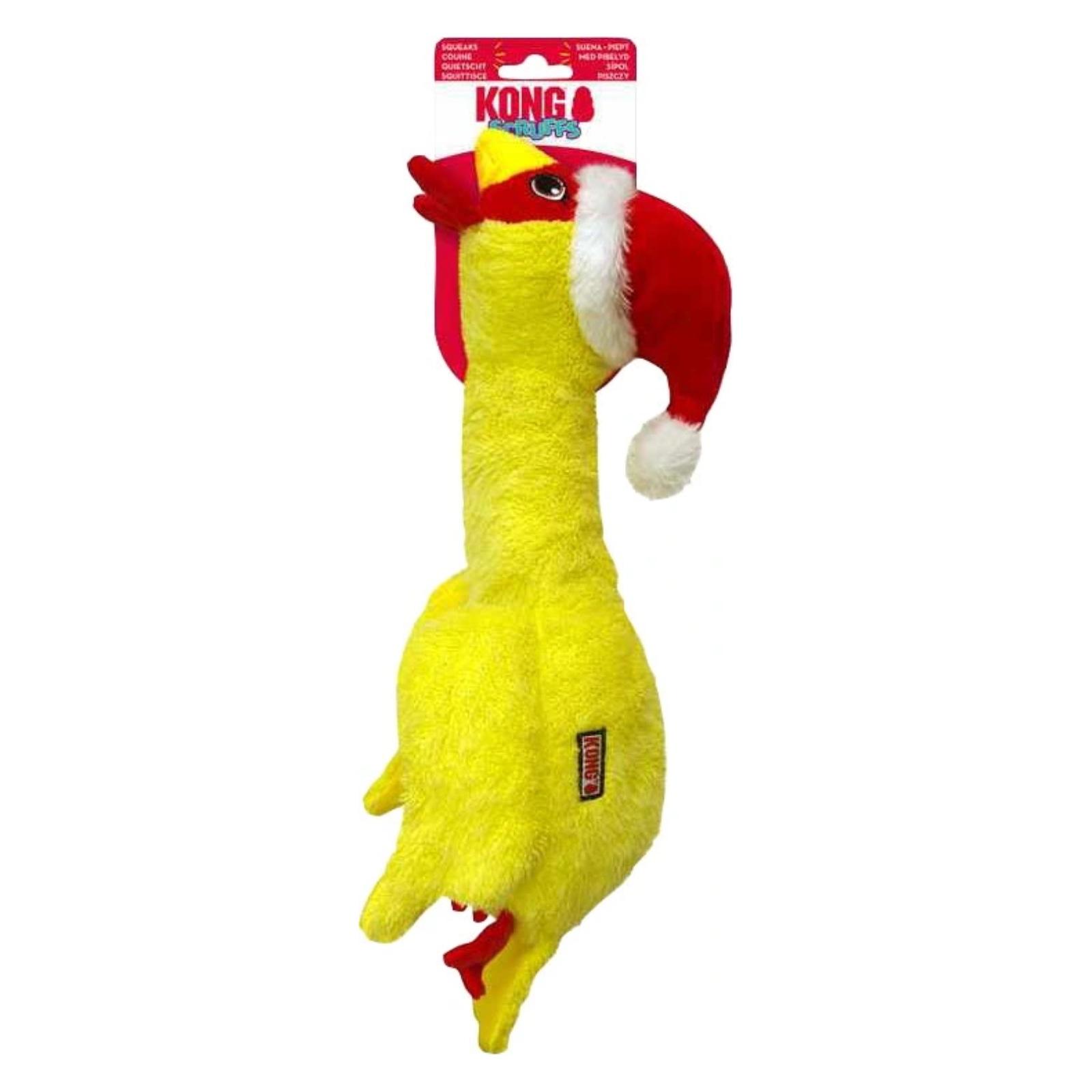 Yellow chicken-shaped toy with red comb and tag on a white background