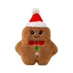 Plush gingerbread man toy with a Santa hat on a white background