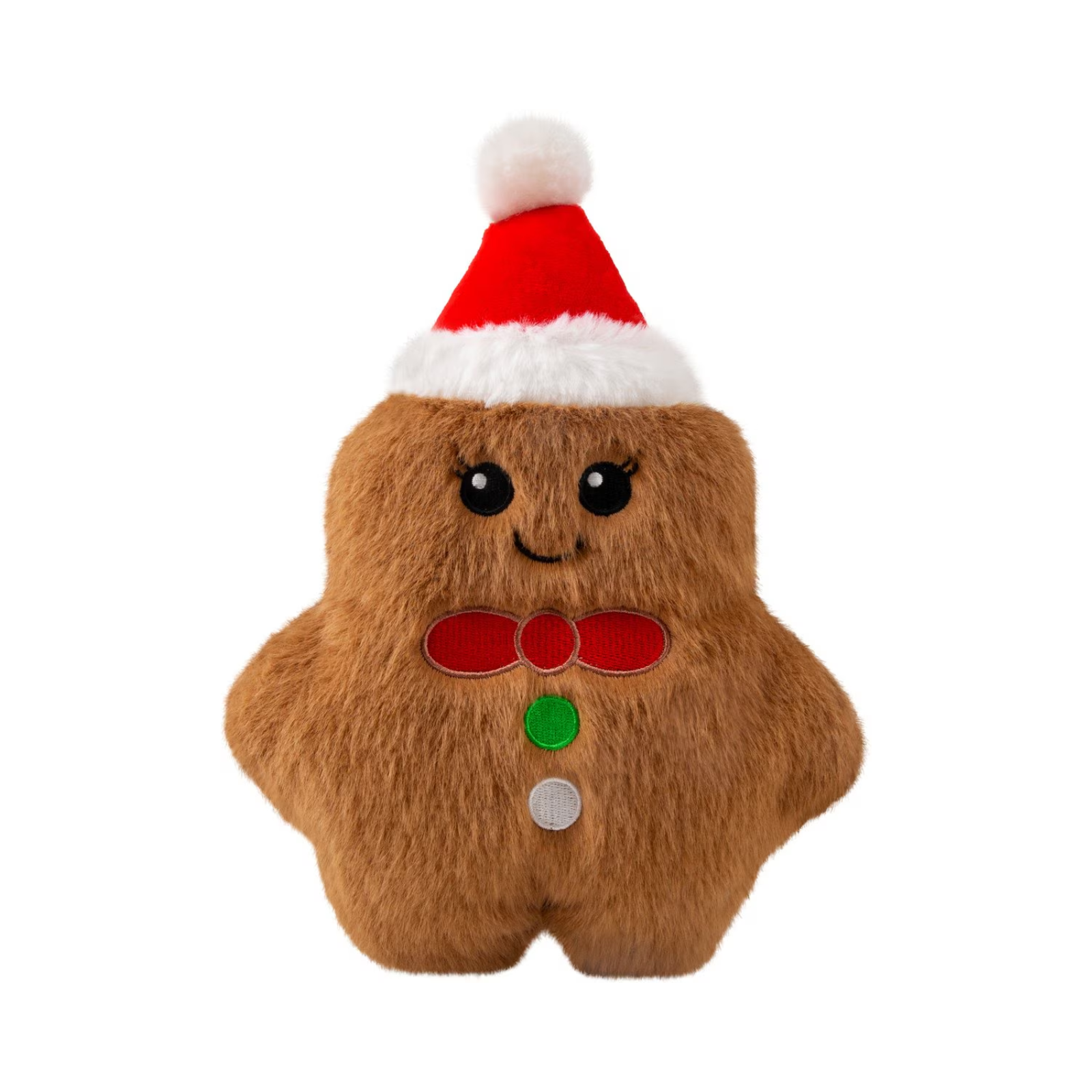 Plush gingerbread man toy with a Santa hat on a white background