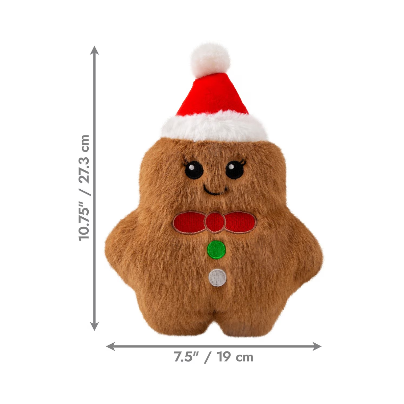 Plush gingerbread man toy with a Santa hat and measurements on a white background
