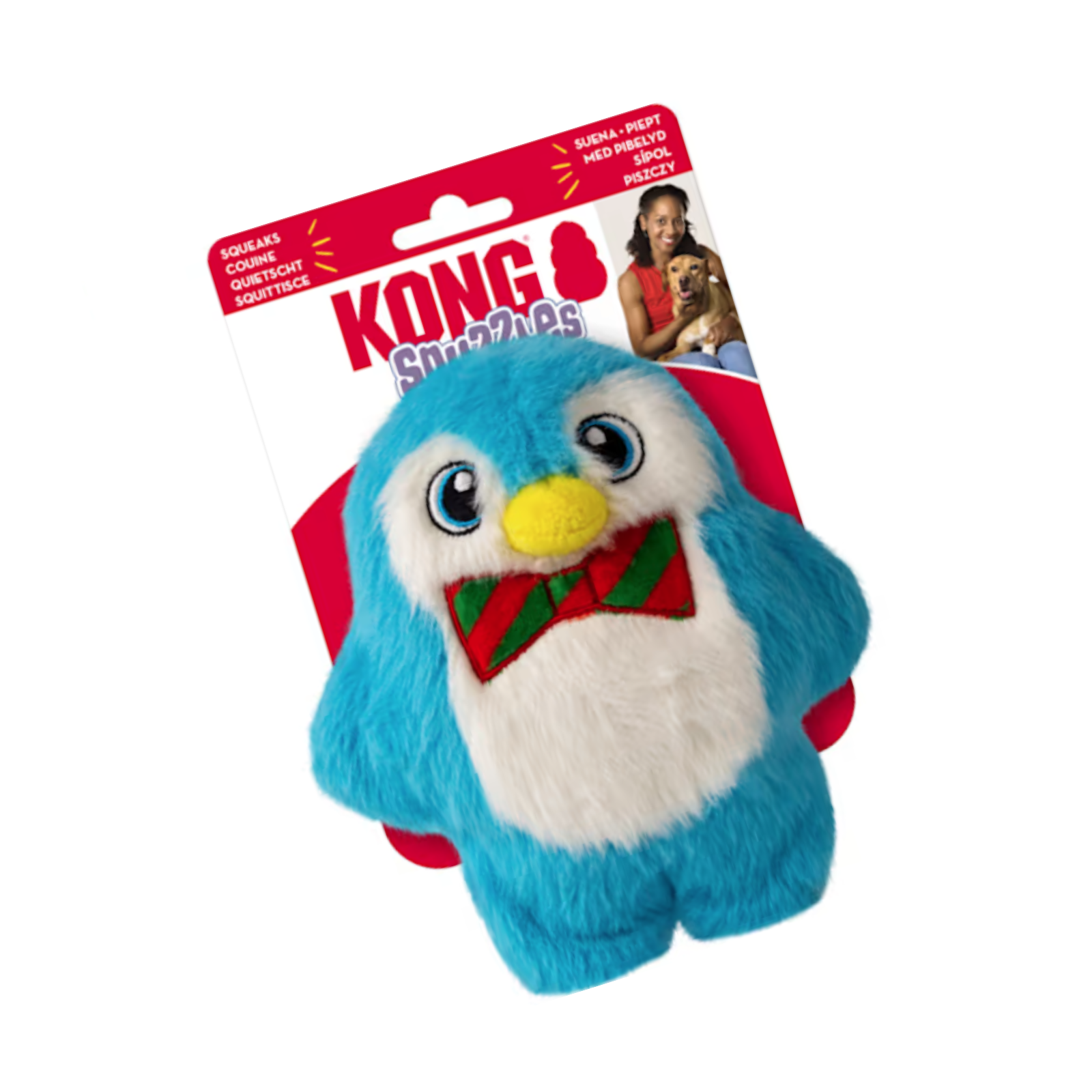 Blue plush penguin toy with a red bow tie on a white background, featuring the Kong brand packaging.