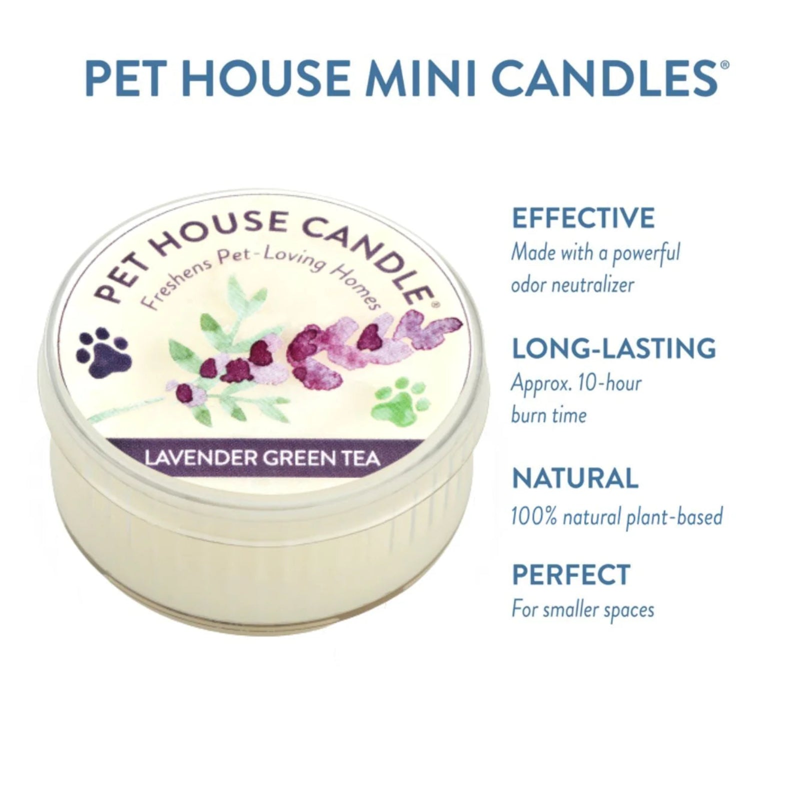 Pet House Candle Lavender Green Tea with product details on a white background