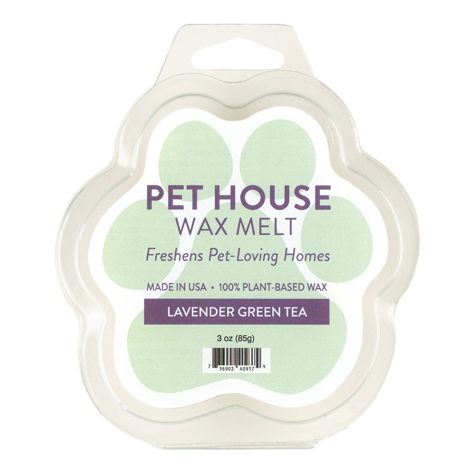 Pet House Wax Melt packaging with paw print design on a white background