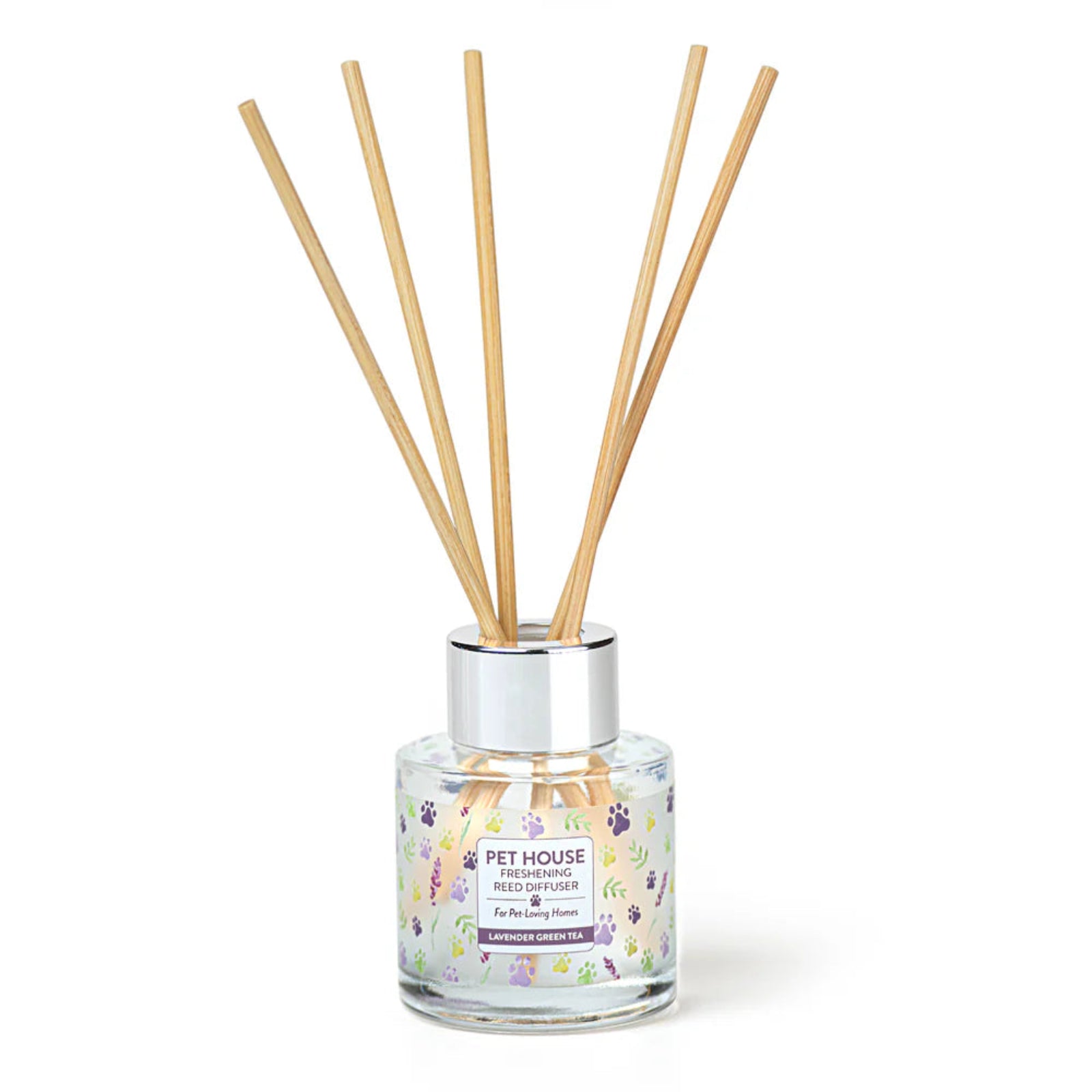 Reed diffuser with wooden sticks in a clear container on a white background