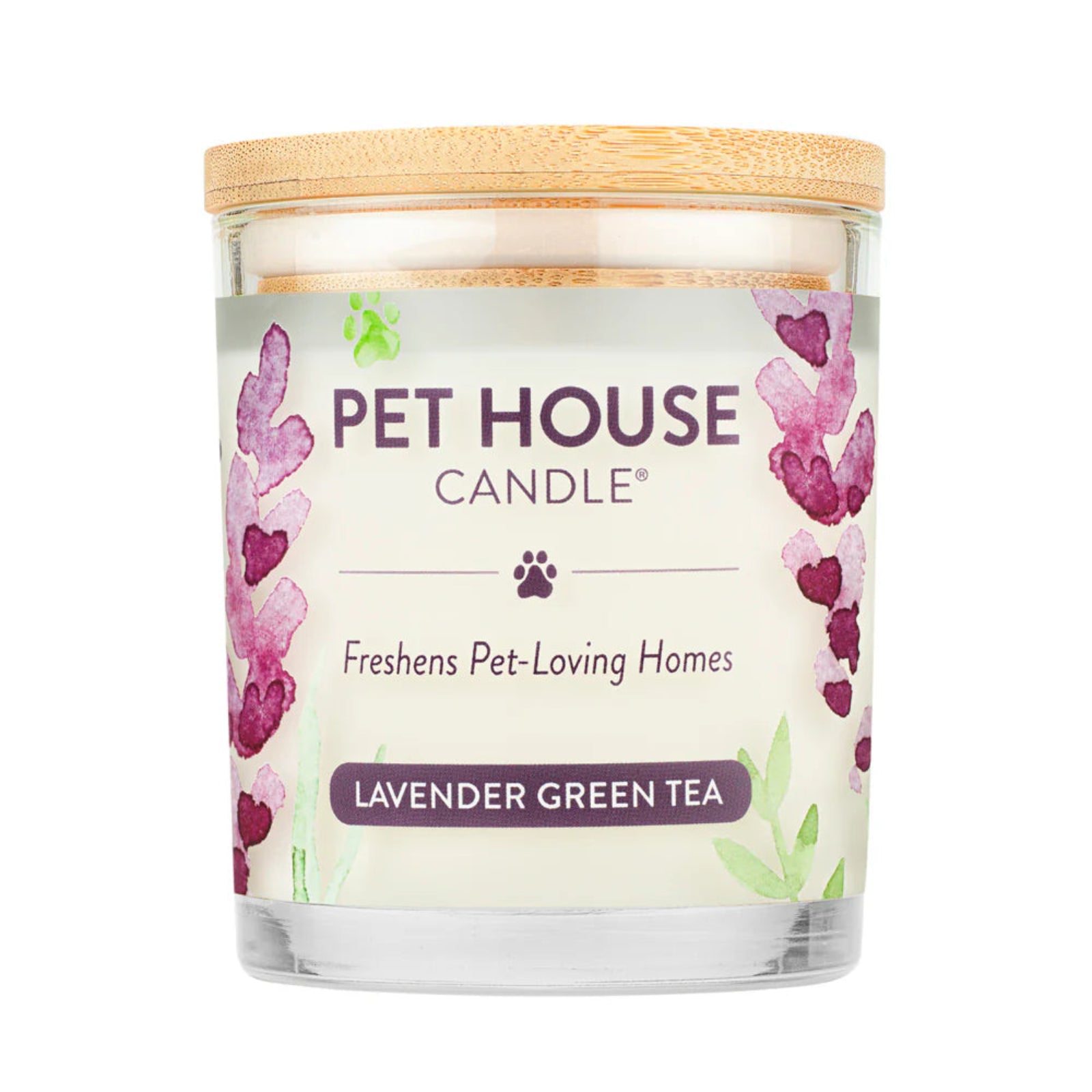 Pet House Candle with lavender green tea scent on a white background