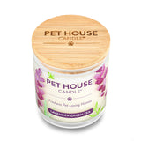 Pet House Candle with lavender green tea scent on a white background