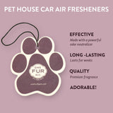 Pet house car air freshener with paw design and 'One Fur All' branding on a purple background.