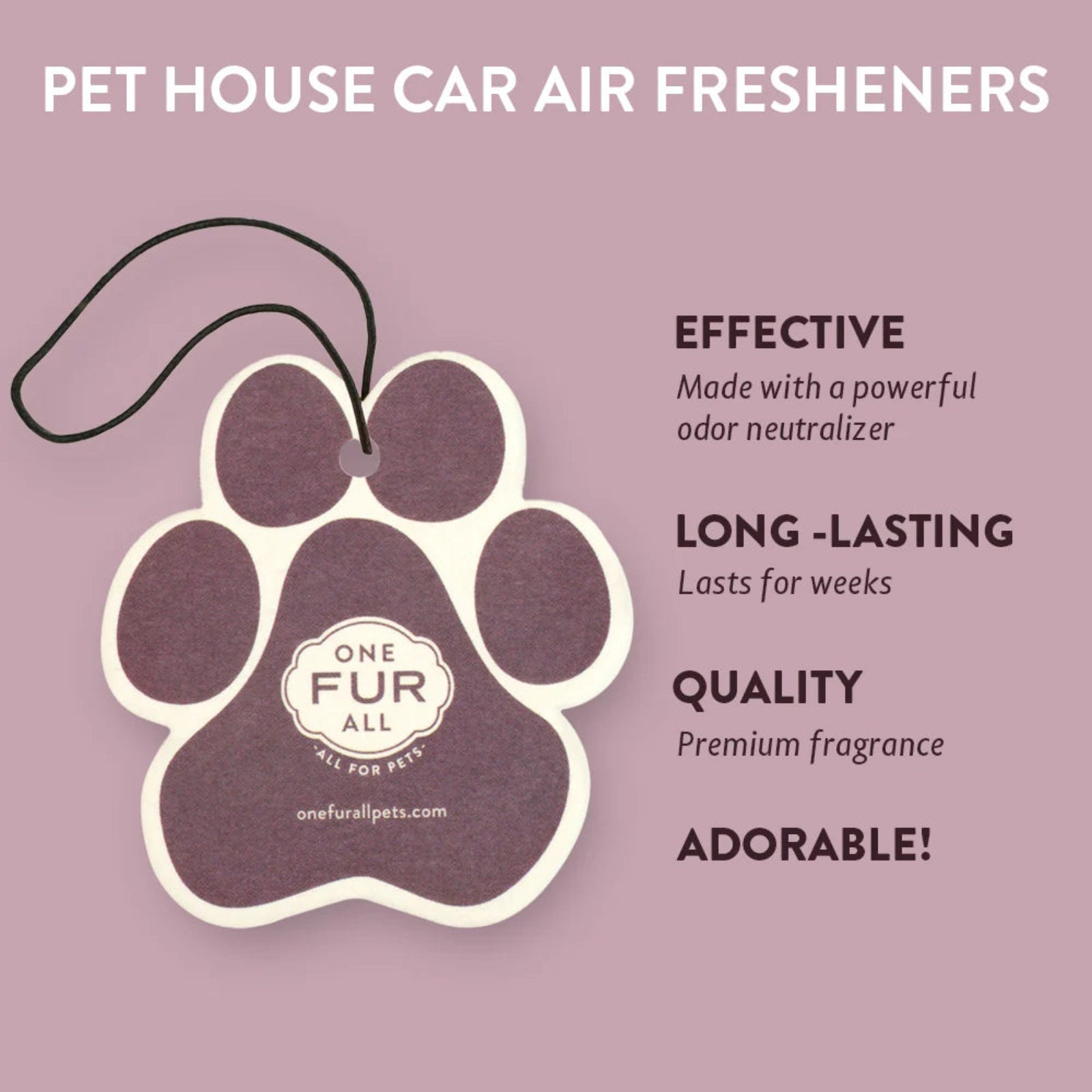 Pet house car air freshener with paw design and 'One Fur All' branding on a purple background.