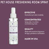 Pet house freshening room spray with features on a purple background