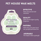Pet House Wax Melt packaging with product details on a purple background